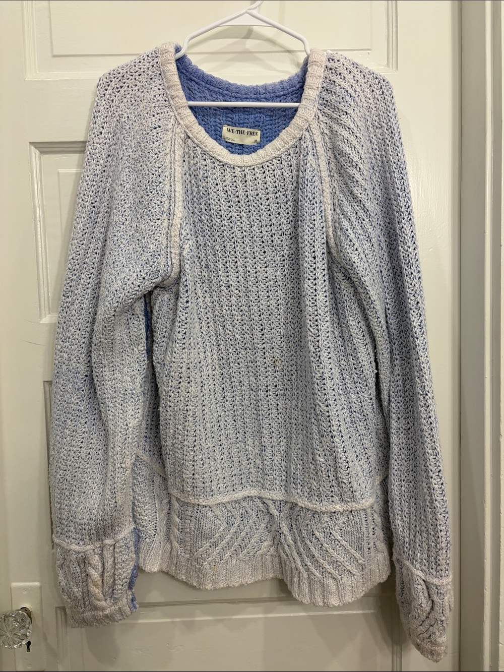We The Free Powder Blue and Cream Knit Crewneck Sweater